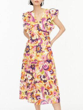 J. Crew Collection Floral Tiered Midi Dress in Yellow, Purple & Pink